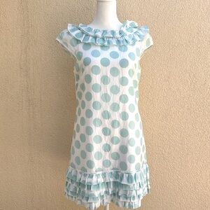 Alice + Olivia  white turquoise polka Dot Ruffled Shift Dress